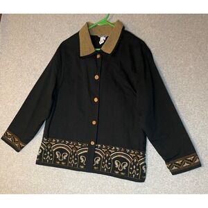 Stonebridge Jacket Button Up Womens Large Embroidered‎ Beaded Cotton Black